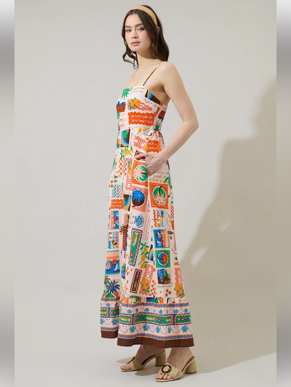 Sugarlips Lumy Mix Vin Smocked Linen Blend Maxi Dress XS Coral Postcard Print